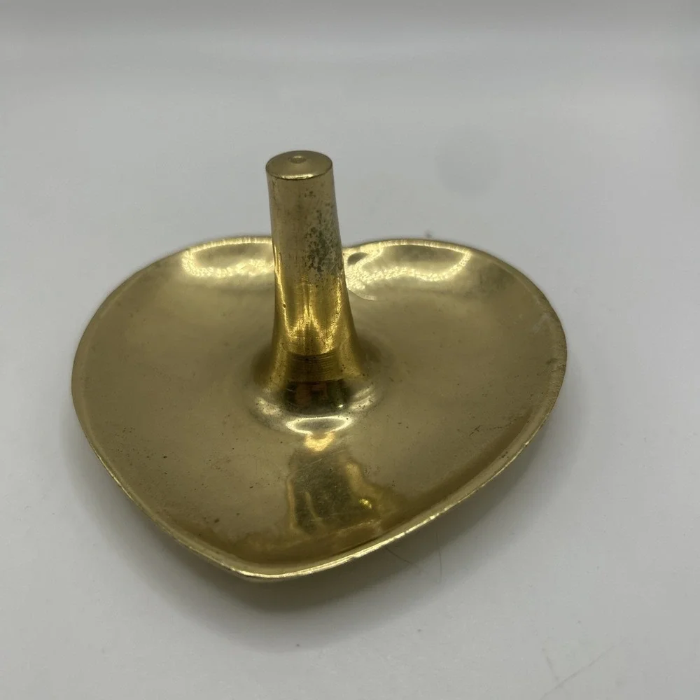 Vtg Brass Heart Shaped Ring Holder Jewelry Dish Trinket Lacquered India MCM